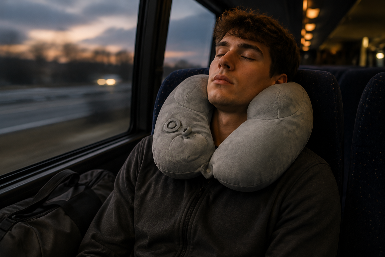Traveler resting with a gray BANJ travel pillow on a train