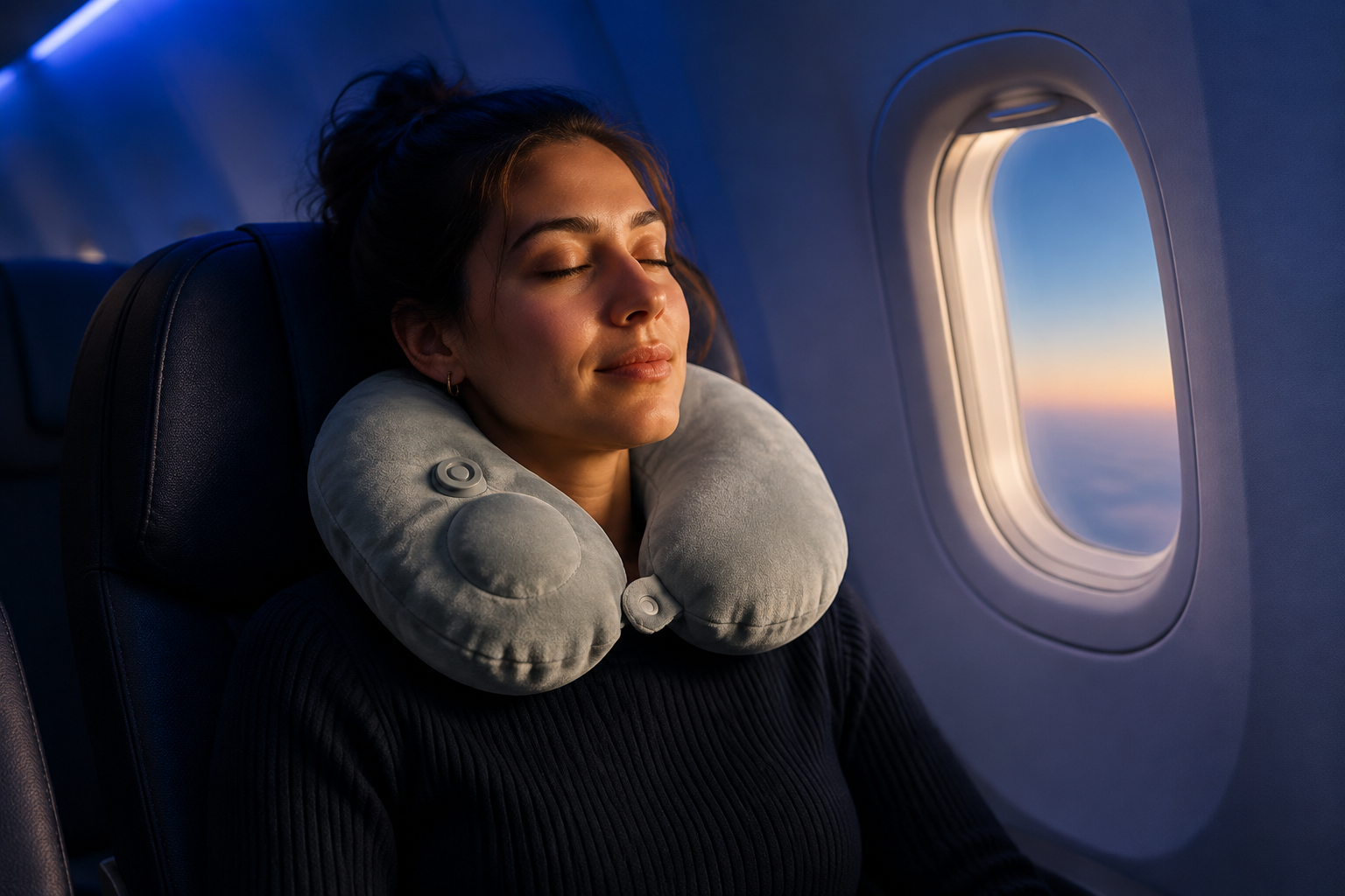 Traveler resting with a gray BANJ travel pillow on a flight